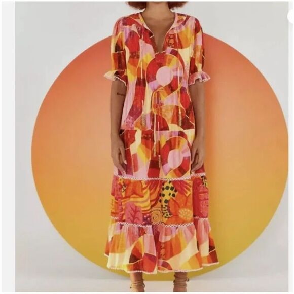 FARM RIO Patch Twirl Midi Dress Puff Sleeve Sz M Multicolor Drawstring Tie Neck - Picture 1 of 15
